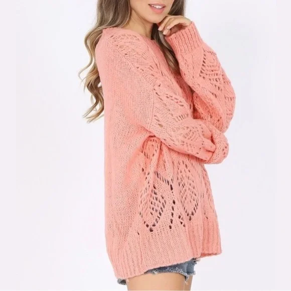 Chunky Diamond Hollow Knit Sweater Pink Sweater Crochet Sweater - SALE - Picture 3 of 5